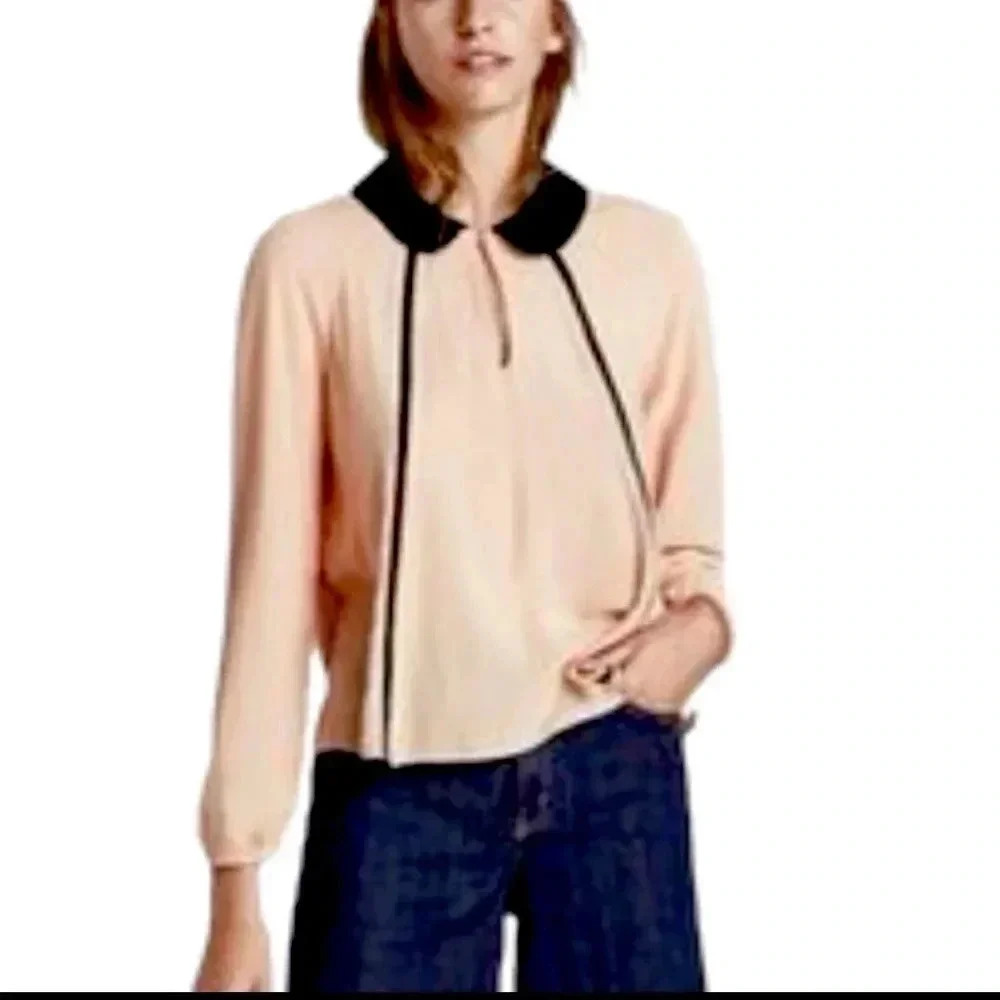 ZARA Pale Pink Peasant Blouse Black Collar Key Hole Detail Long Sleeve Medium